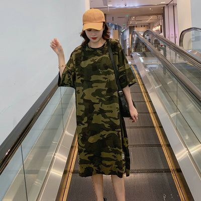 Camouflage Loose Dress Women Long T Shirt Summer Dresses 2022 for 100kg Girls Korean Half Sleeve Irregular Cotton Tees - Black Opal PMC