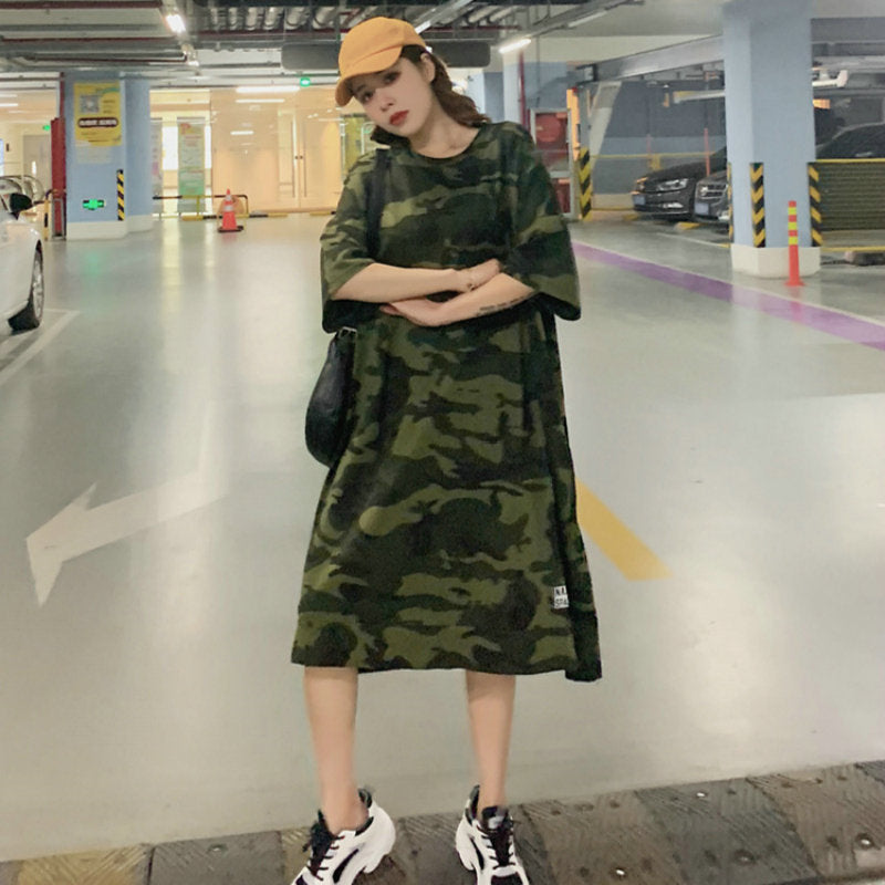 Camouflage Loose Dress Women Long T Shirt Summer Dresses 2022 for 100kg Girls Korean Half Sleeve Irregular Cotton Tees - Black Opal PMC