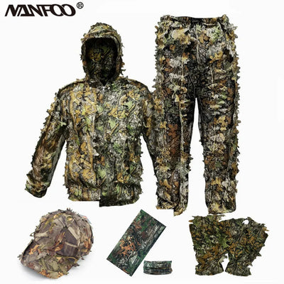 Adult 3D Leaves Bionic Camouflage Hunting Ghillie Suit Durable CS Shooting Suit Breathable Tactical Military Combat Clothes Set