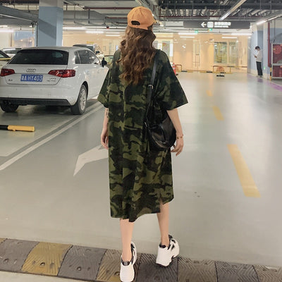 Camouflage Loose Dress Women Long T Shirt Summer Dresses 2022 for 100kg Girls Korean Half Sleeve Irregular Cotton Tees - Black Opal PMC