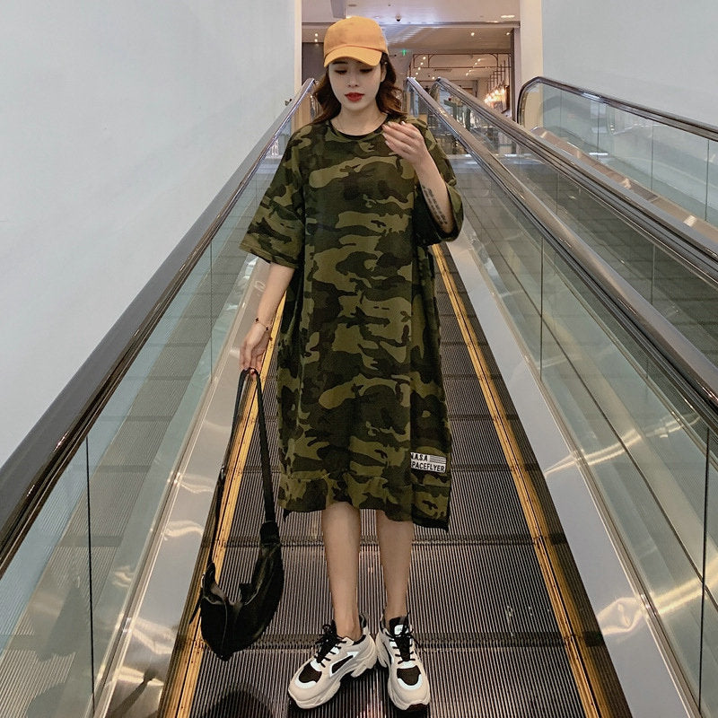 Camouflage Loose Dress Women Long T Shirt Summer Dresses 2022 for 100kg Girls Korean Half Sleeve Irregular Cotton Tees - Black Opal PMC