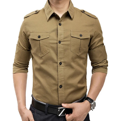 2023 Military Slim Fit Mens Long Sleeve Cargo Shirts Causaul Blouses Yellow Army green M-5XL