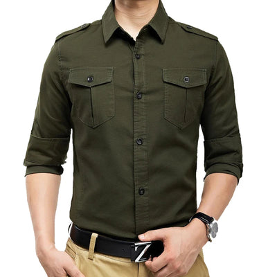 2023 Military Slim Fit Mens Long Sleeve Cargo Shirts Causaul Blouses Yellow Army green M-5XL