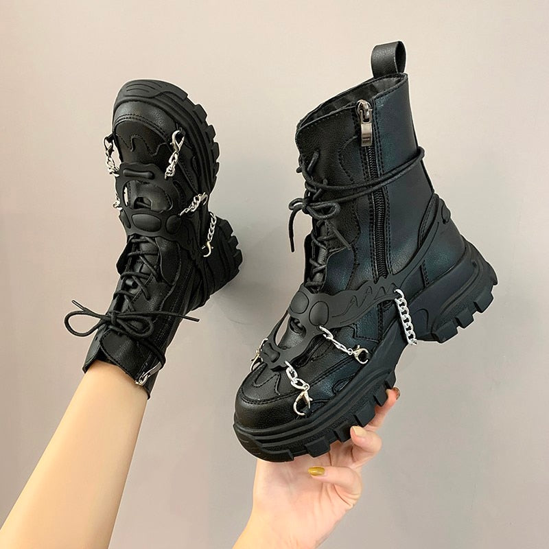 New Leather Womens Ladies Ankle Boots Mid Heel Lace Up Worker Army Black Goth Shoes Autumn Sexy Chain High Quality P416 - Black Opal PMC