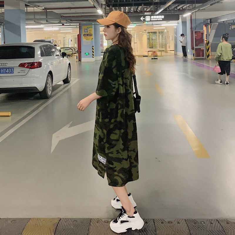 Camouflage Loose Dress Women Long T Shirt Summer Dresses 2022 for 100kg Girls Korean Half Sleeve Irregular Cotton Tees - Black Opal PMC