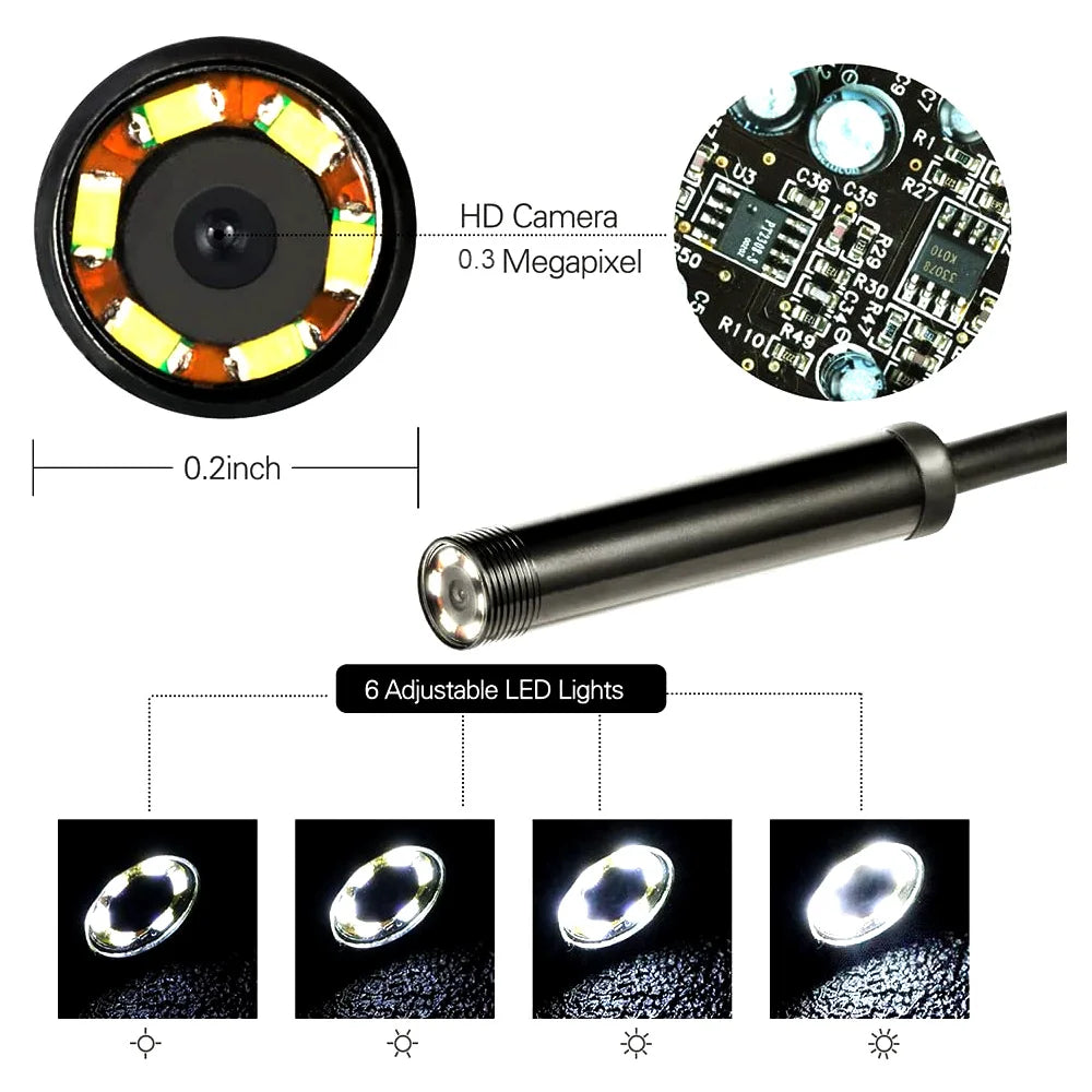 7mm Lens Android Endoscope Camera Adjustable 6 LEDs IP67 Waterproof 1m 2m 5m Micro Inspection Video Camera Snake Borescope Tube