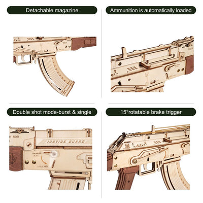 Robotime Rokr Automatic Rifle AK47 3D Wooden Gun Funny DIY Build Toys for Kids Adults Justice Guard How to Make Wooden Gun LQ901 - Black Opal PMC