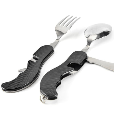 The Ultimate Outdoor Tableware Companion: 4-in-1 Stainless Steel Folding Pocket Kit - Black Opal PMC