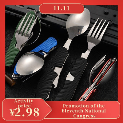 The Ultimate Outdoor Tableware Companion: 4-in-1 Stainless Steel Folding Pocket Kit - Black Opal PMC