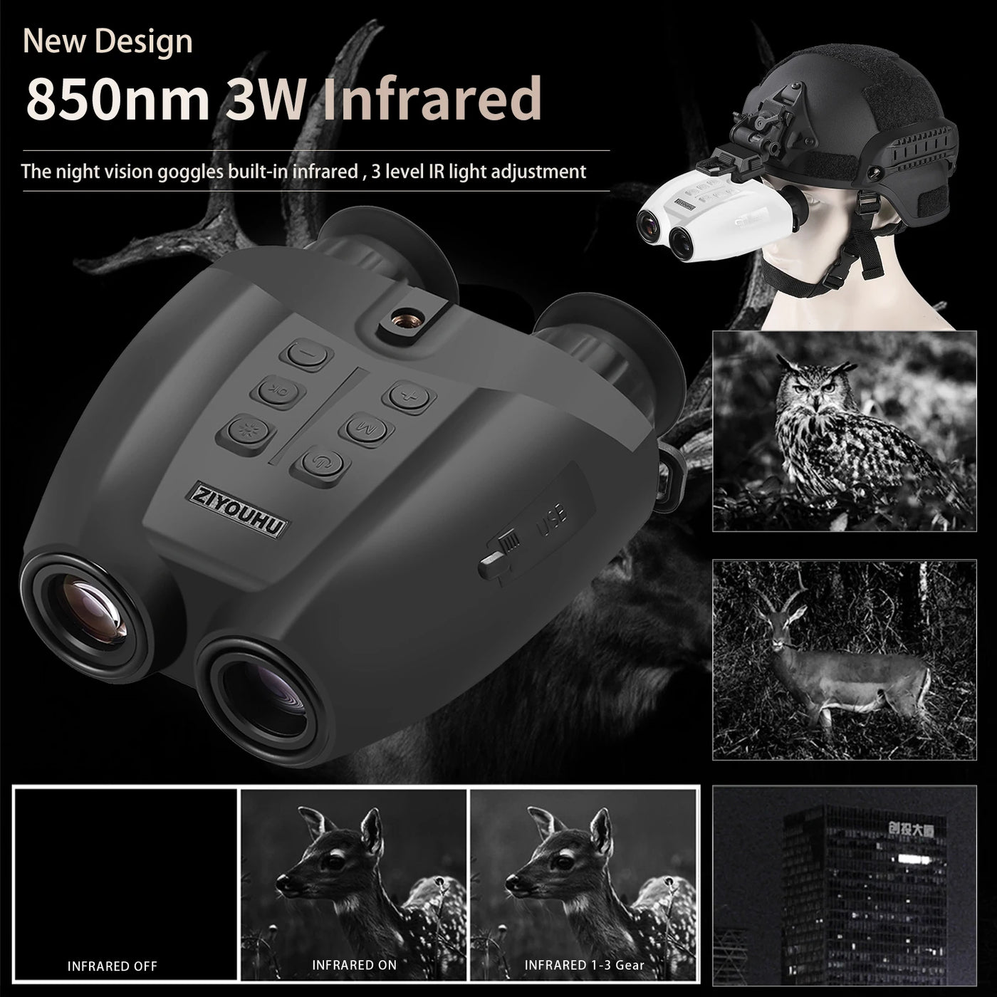 New Tacticle Helmet Night Vision Goggles HD 1080P Video Camera 8X Zoom NVG Mount Head Mounted Hunting Infrared Night Binoculars