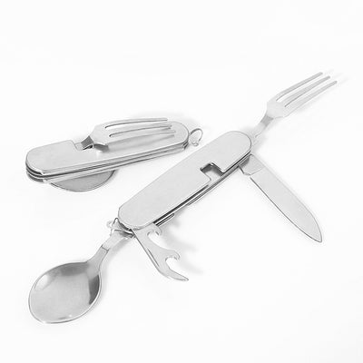 The Ultimate Outdoor Tableware Companion: 4-in-1 Stainless Steel Folding Pocket Kit - Black Opal PMC