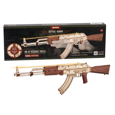 Robotime Rokr Automatic Rifle AK47 3D Wooden Gun Funny DIY Build Toys for Kids Adults Justice Guard How to Make Wooden Gun LQ901 - Black Opal PMC