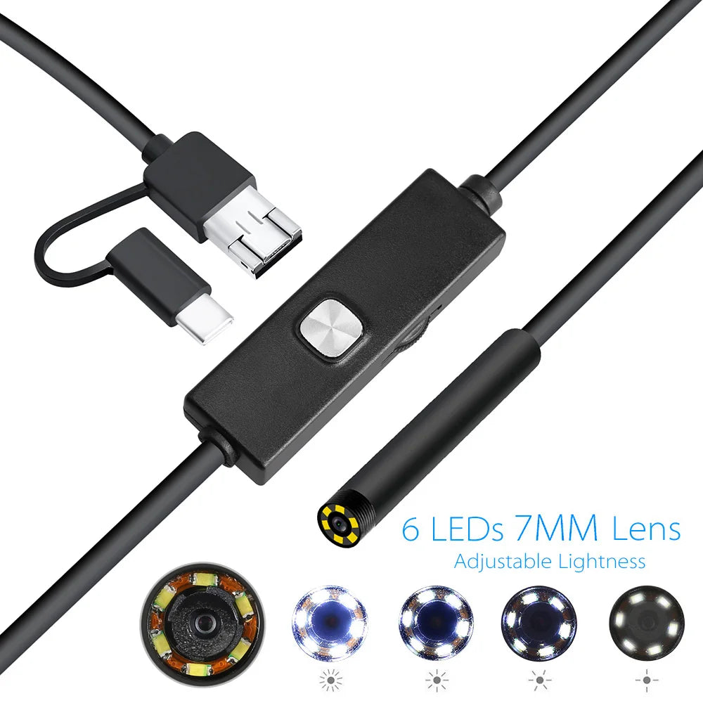 7mm Lens Android Endoscope Camera Adjustable 6 LEDs IP67 Waterproof 1m 2m 5m Micro Inspection Video Camera Snake Borescope Tube