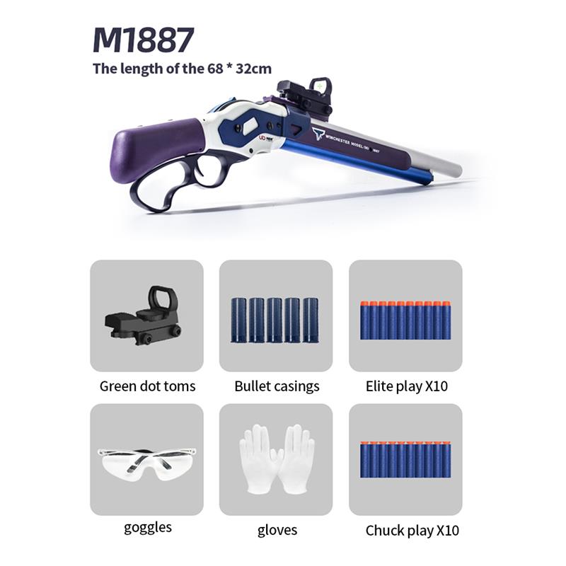 M1887 Gun Airsoft Shell Throwing Soft Bullet Gun Weapon For Shooting Paintball Traumat Pistol Machinegun Toys For Boys - Black Opal PMC
