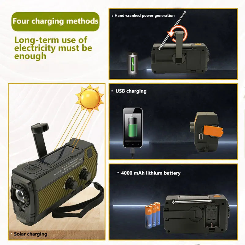 Portable Emergency Radio 4000mAh Solar Hand Crank Cell Phone Charger Radios AM/FM LED Flashlight Outdoor Indoor Light Night