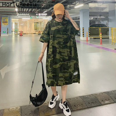 Camouflage Loose Dress Women Long T Shirt Summer Dresses 2022 for 100kg Girls Korean Half Sleeve Irregular Cotton Tees - Black Opal PMC