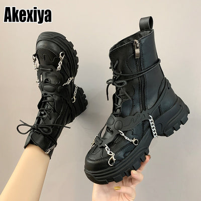 New Leather Womens Ladies Ankle Boots Mid Heel Lace Up Worker Army Black Goth Shoes Autumn Sexy Chain High Quality P416 - Black Opal PMC