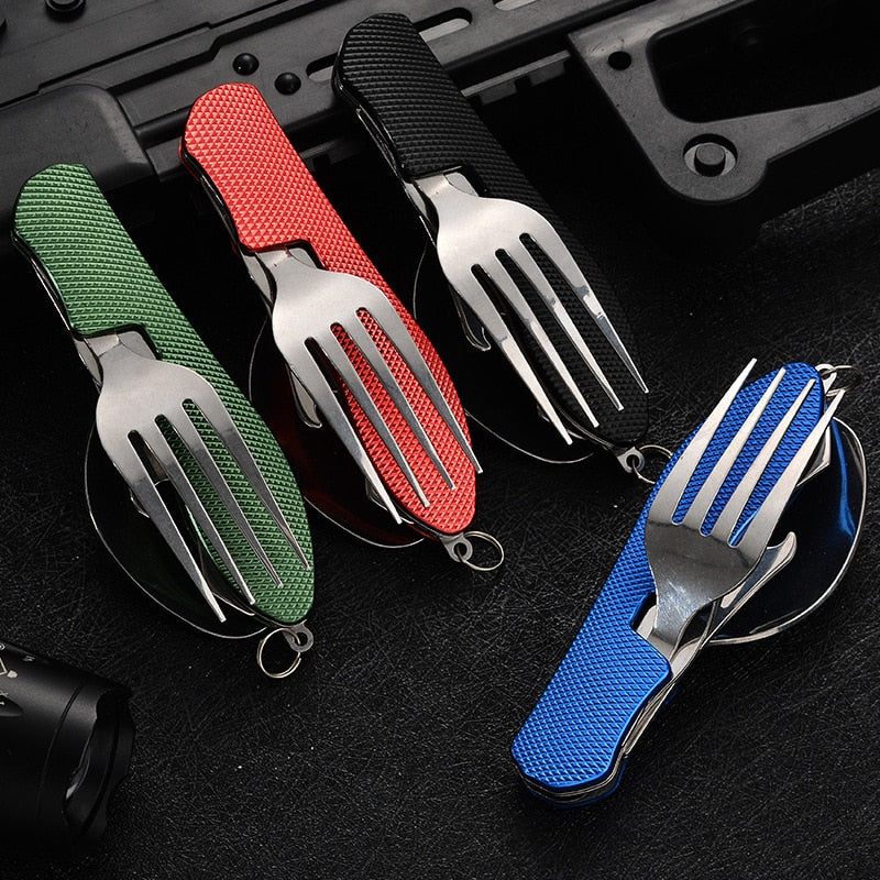 The Ultimate Outdoor Tableware Companion: 4-in-1 Stainless Steel Folding Pocket Kit - Black Opal PMC